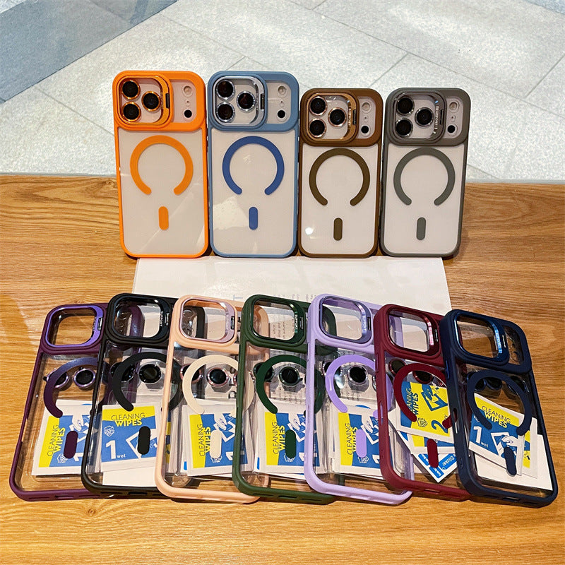 Hardware Lens Bracket Transparent Magnetic Phone Case for iPhone – Shockproof & Slim Design