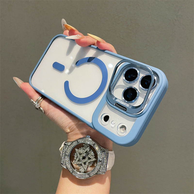 Hardware Lens Bracket Transparent Magnetic Phone Case for iPhone – Shockproof & Slim Design