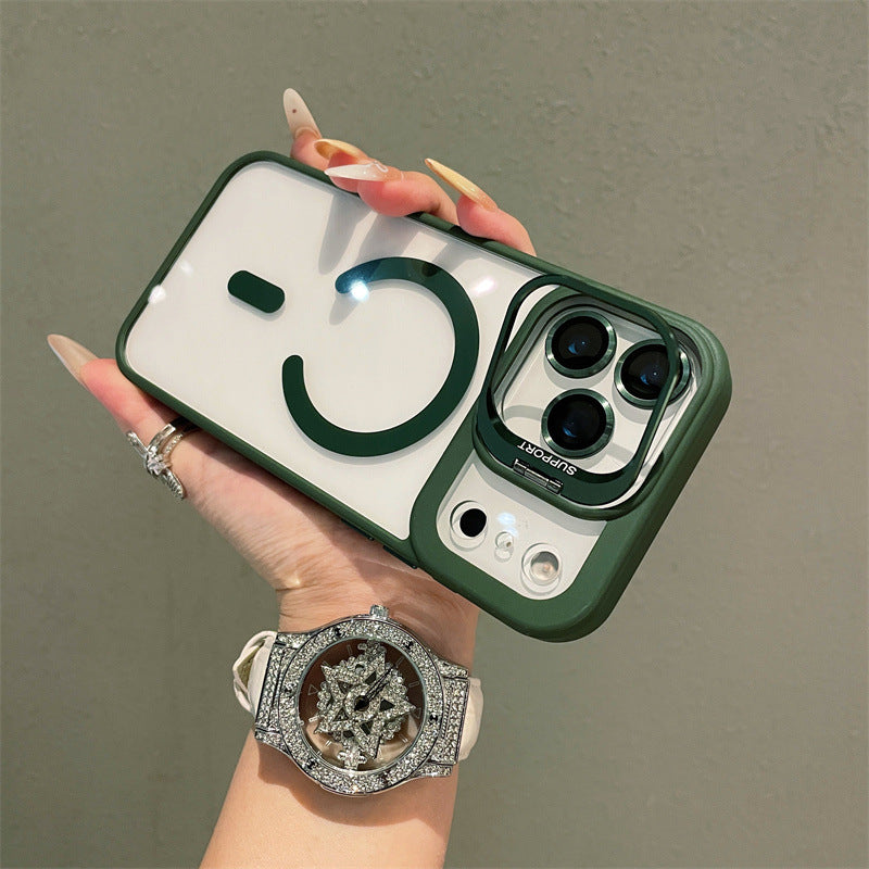 Hardware Lens Bracket Transparent Magnetic Phone Case for iPhone – Shockproof & Slim Design