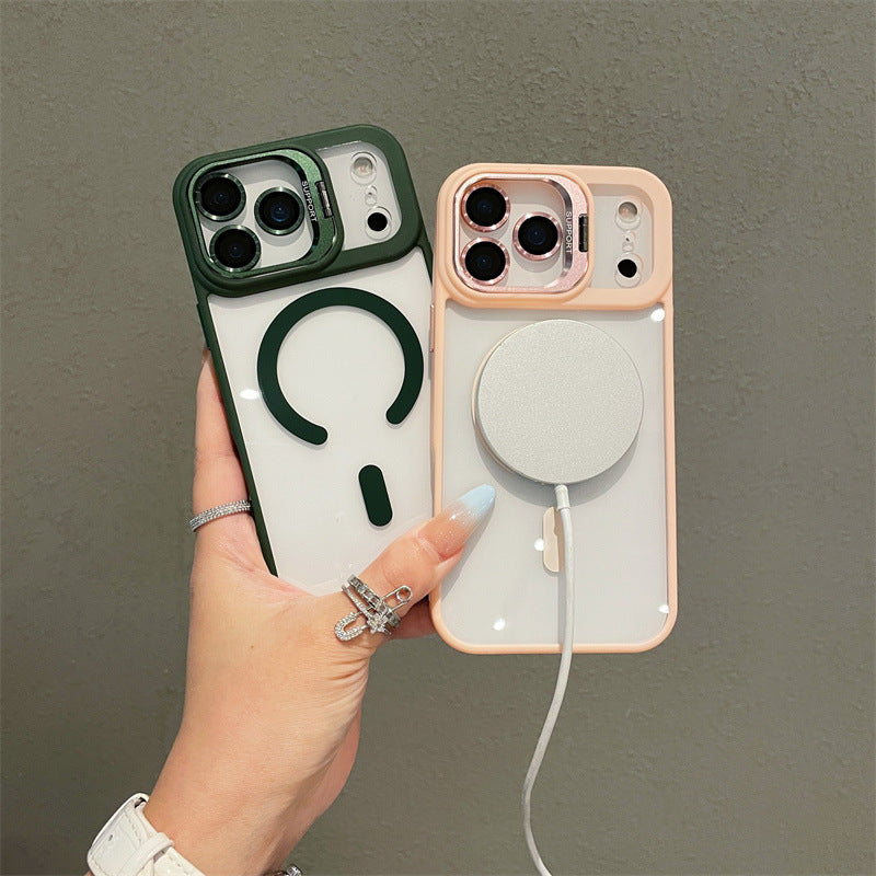 Hardware Lens Bracket Transparent Magnetic Phone Case for iPhone – Shockproof & Slim Design