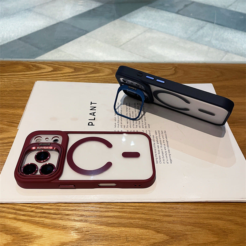 Hardware Lens Bracket Transparent Magnetic Phone Case for iPhone – Shockproof & Slim Design