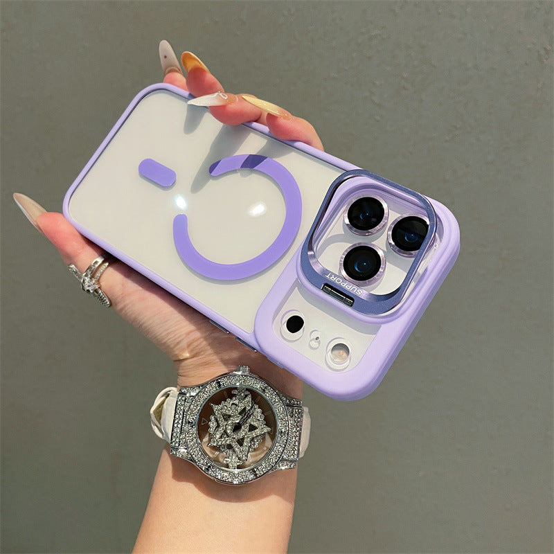 Hardware Lens Bracket Transparent Magnetic Phone Case for iPhone – Shockproof & Slim Design