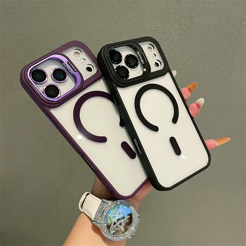 Hardware Lens Bracket Transparent Magnetic Phone Case for iPhone – Shockproof & Slim Design