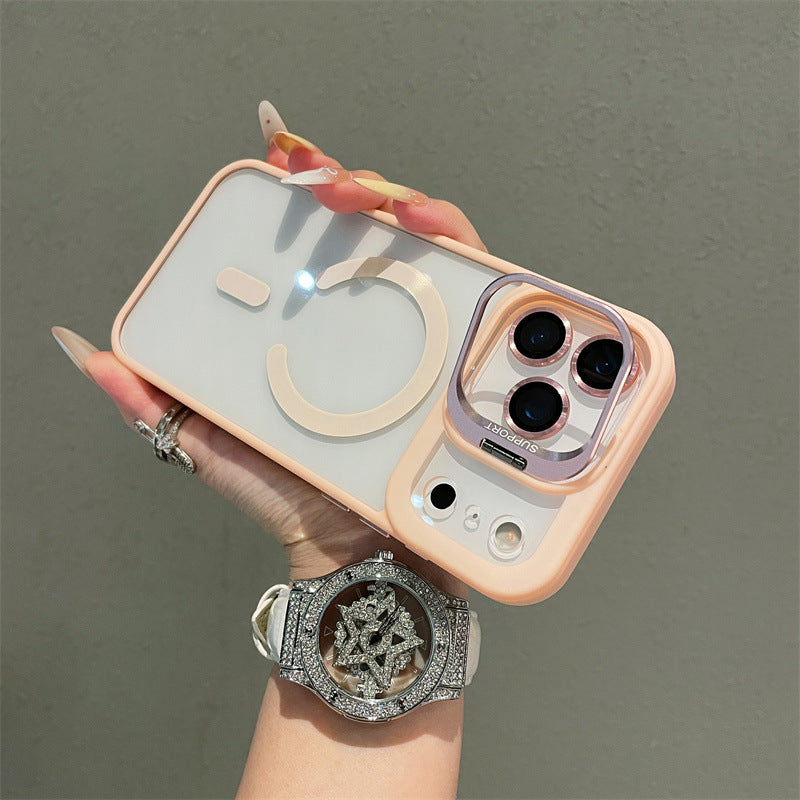 Hardware Lens Bracket Transparent Magnetic Phone Case for iPhone – Shockproof & Slim Design