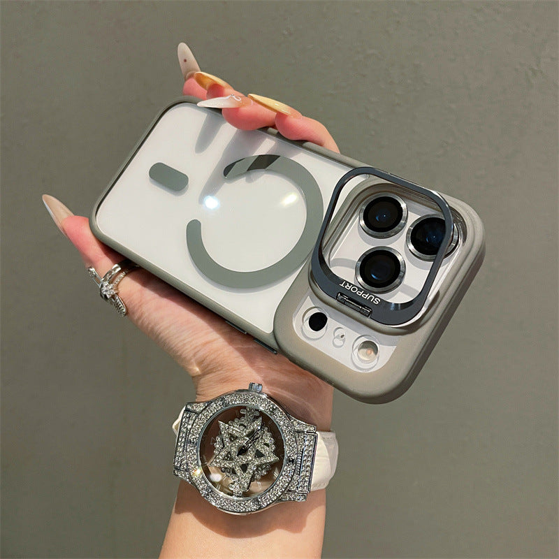 Hardware Lens Bracket Transparent Magnetic Phone Case for iPhone – Shockproof & Slim Design
