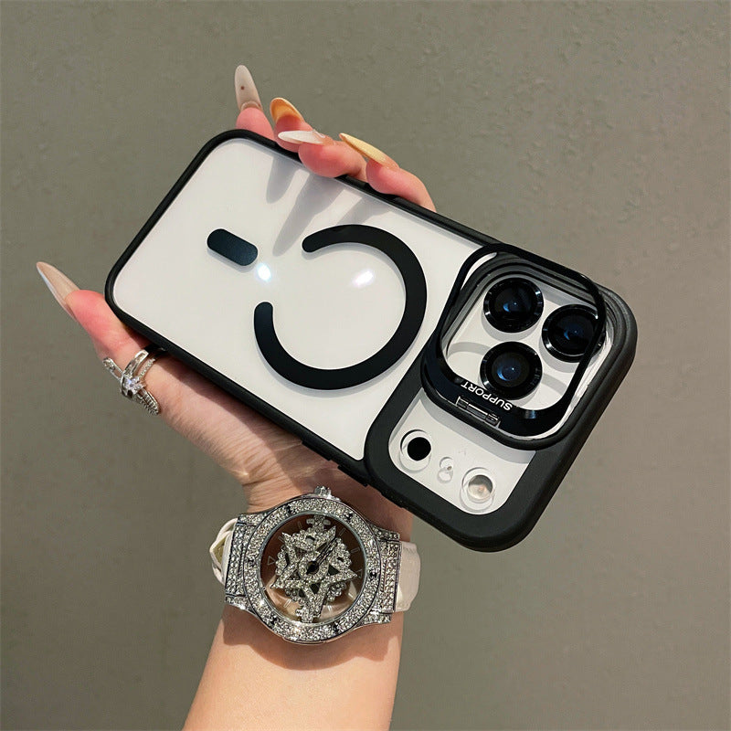Hardware Lens Bracket Transparent Magnetic Phone Case for iPhone – Shockproof & Slim Design